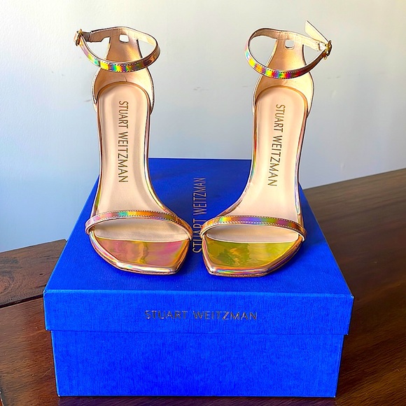 Stuart Weitzman 8.5 Nudistcurve Rose Gold Hologram 4” Heel Sandal